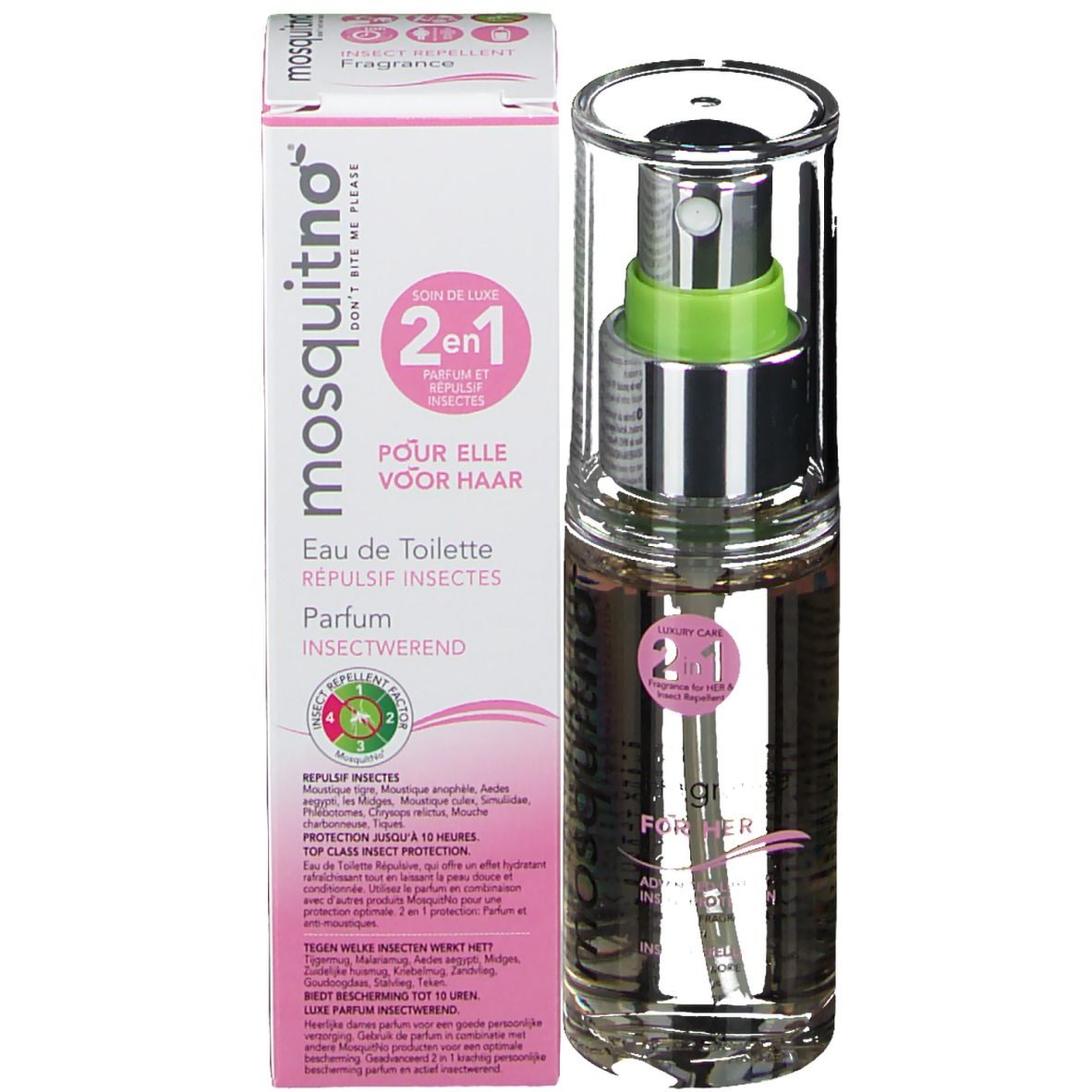 Productflacon en verpakking. Flacon met verstuiver. Verpakking met tekst: mosquitno, 2 in 1, Pour elle.