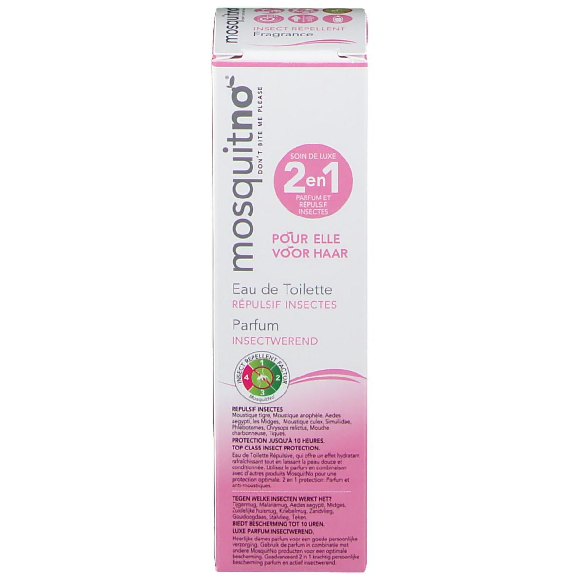 Productverpakking. Tekst: mosquitno, 2 in 1, Pour elle, Eau de Toilette, Repulsif Insectes, Parfum.