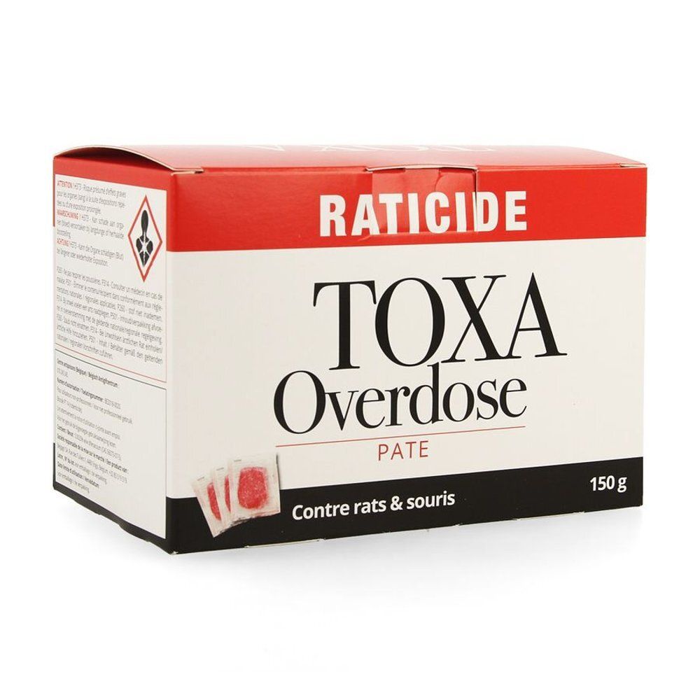 Boîte de raticide Toxa Overdose Pate. Paquets rouges et blancs. Symbole de danger. Texte: 150g. Texte en français.