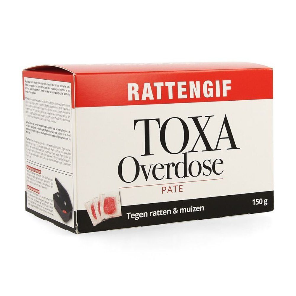 Rattengifdoos. Toxa Overdose Pate. Rode en witte verpakkingen. Zwarte val afgebeeld. Tekst in het Nederlands.
