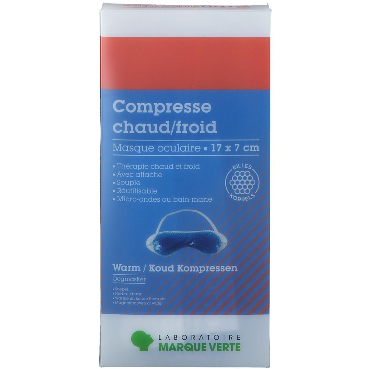 Verpakking met oogmasker. Blauw masker, 17x7cm. Tekst: Compresse chaud/froid, Laboratoires Marque Verte.