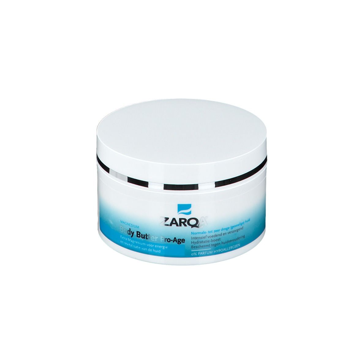 Pot blanc avec étiquette bleue. Inscription: ZARQA Body Butter Pro-Age.