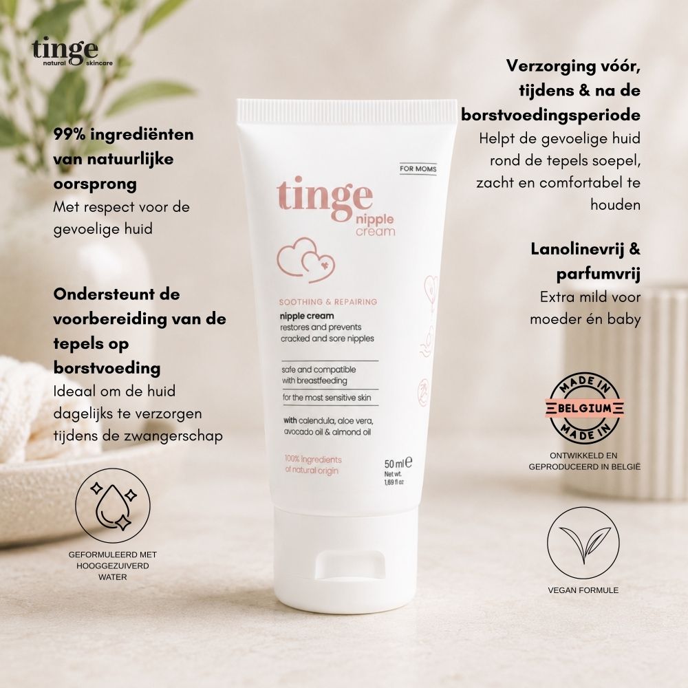 Tinge for Moms tepelcrème tube met Nederlandse teksten over ingrediënten en voordelen.