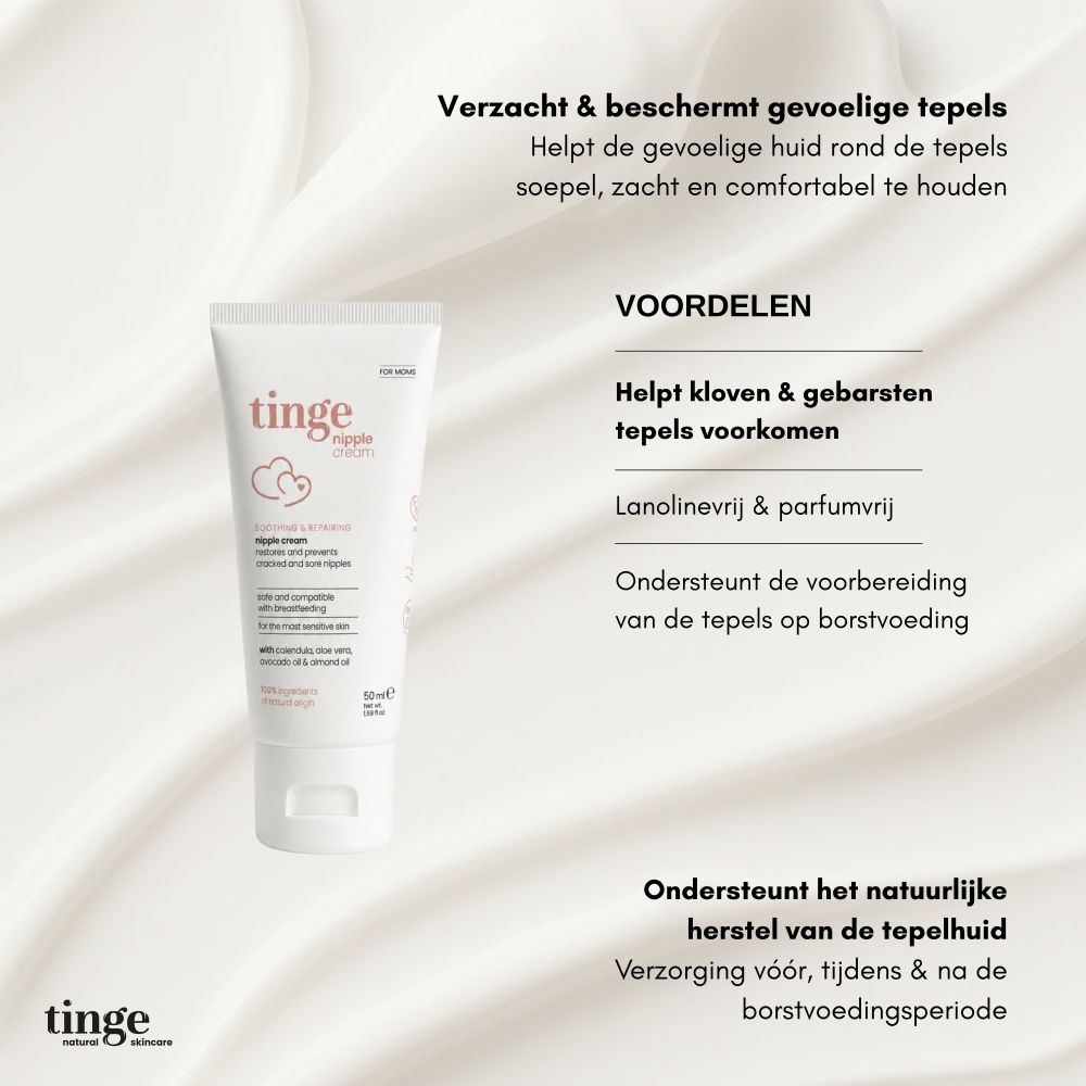 Tinge for Moms tepelcrème tube met Nederlandse teksten over voordelen en ingrediënten.