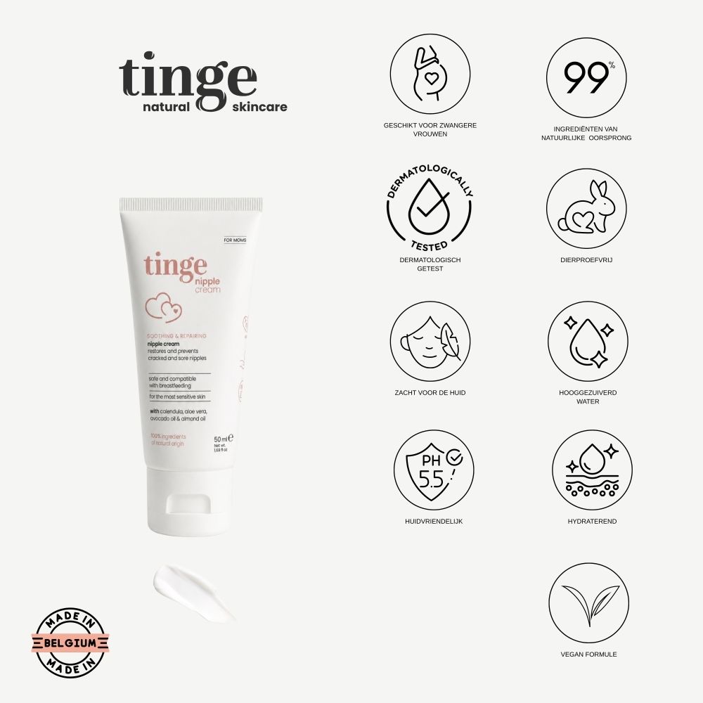 Tinge for Moms tepelcrème tube met Nederlandse teksten over voordelen en ingrediënten.