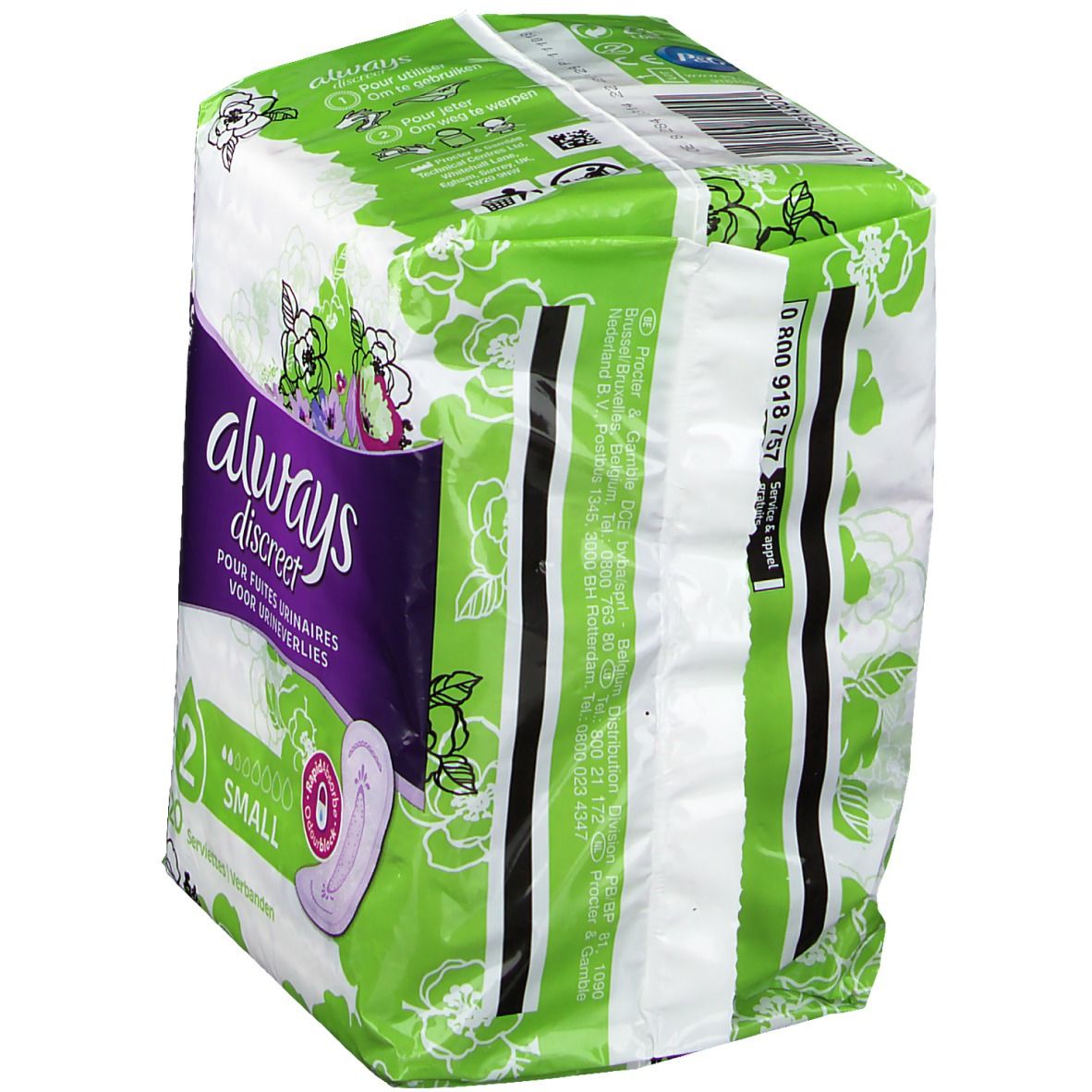 Vue latérale du paquet Always Discreet pour fuites urinaires Small plus. Design vert et blanc avec logo.
