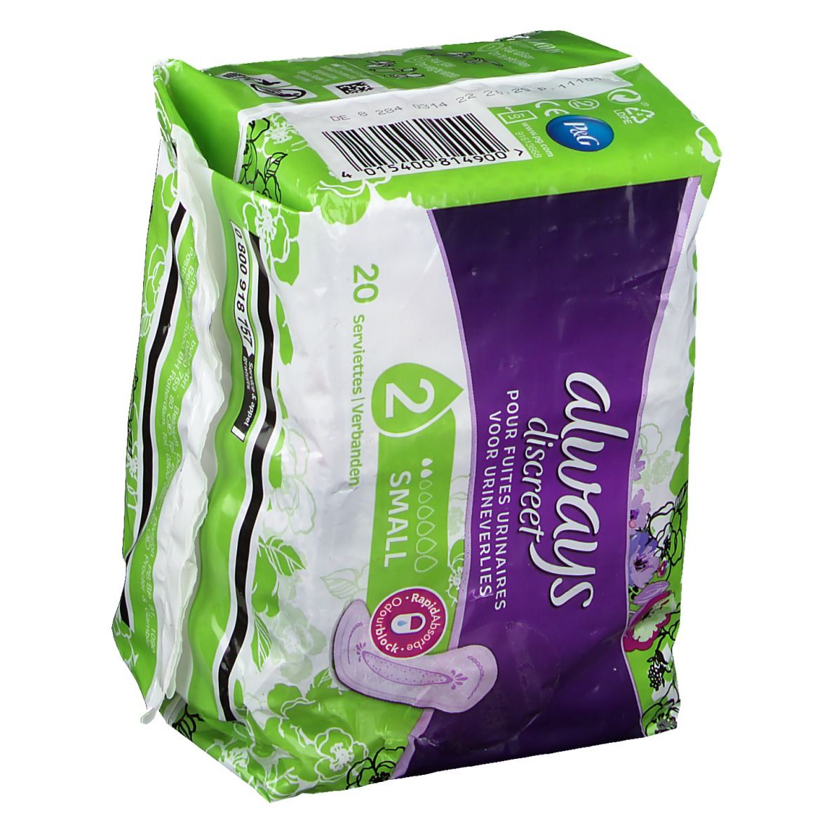 Paquet Always Discreet pour fuites urinaires Small plus. Vue avec logo, illustration et emballage vert.
