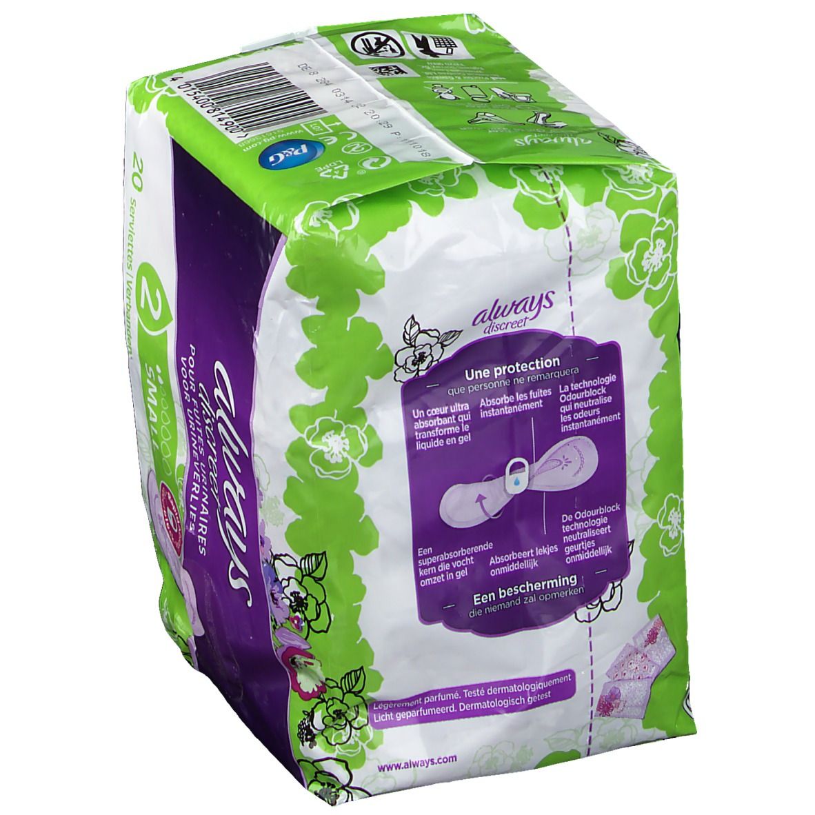Dos du paquet Always Discreet pour fuites urinaires Small plus. Informations textuelles et illustration du produit.
