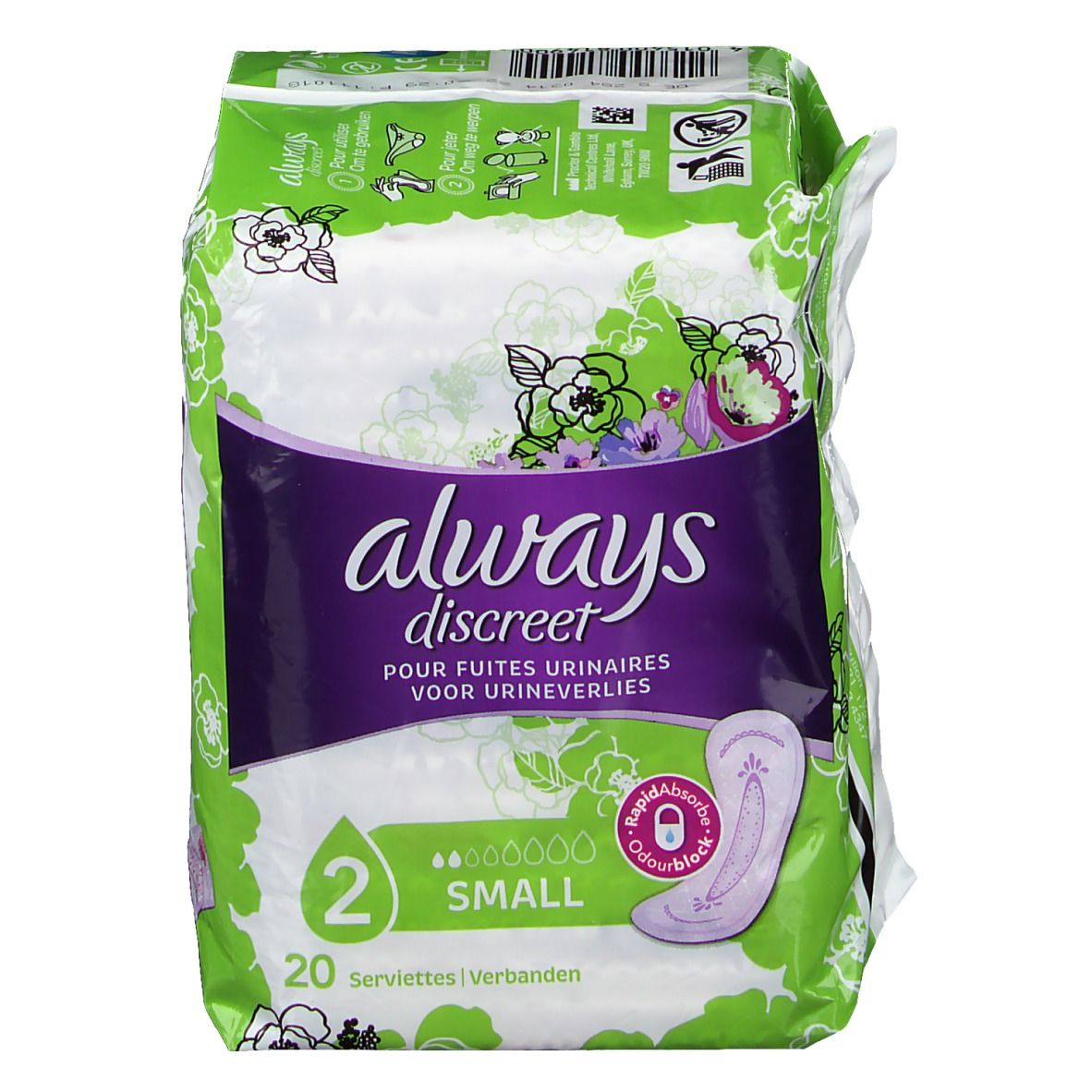 Paquet Always Discreet pour fuites urinaires Small plus. Vue avec logo, illustration et emballage vert.