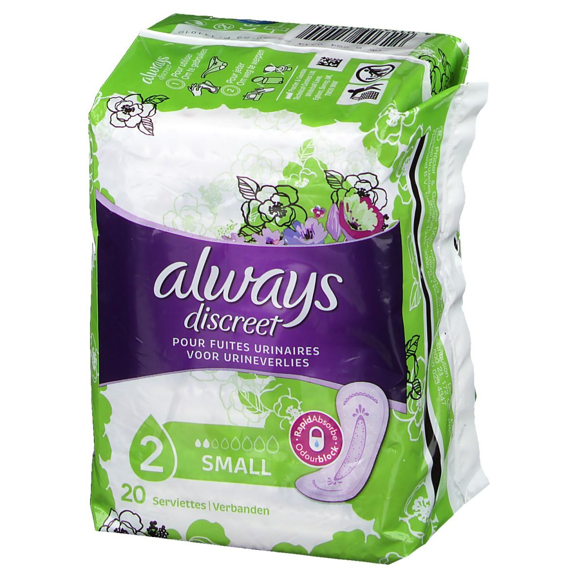 Paquet Always Discreet pour fuites urinaires Small plus. Vue avec logo, illustration et emballage vert.