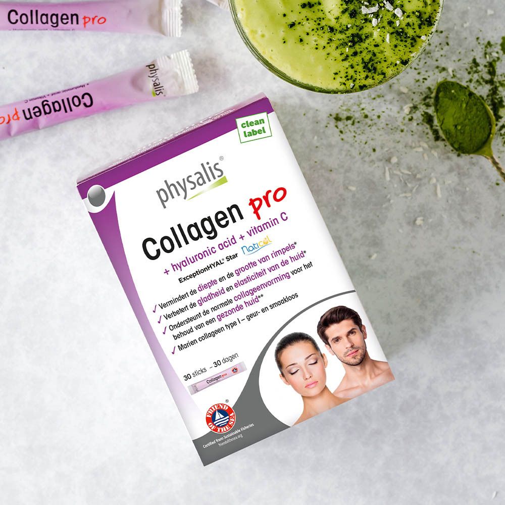 Emballage Physalis Collagen Pro. Contient de l'acide hyaluronique et de la vitamine C. 30 sticks. Texte en français.