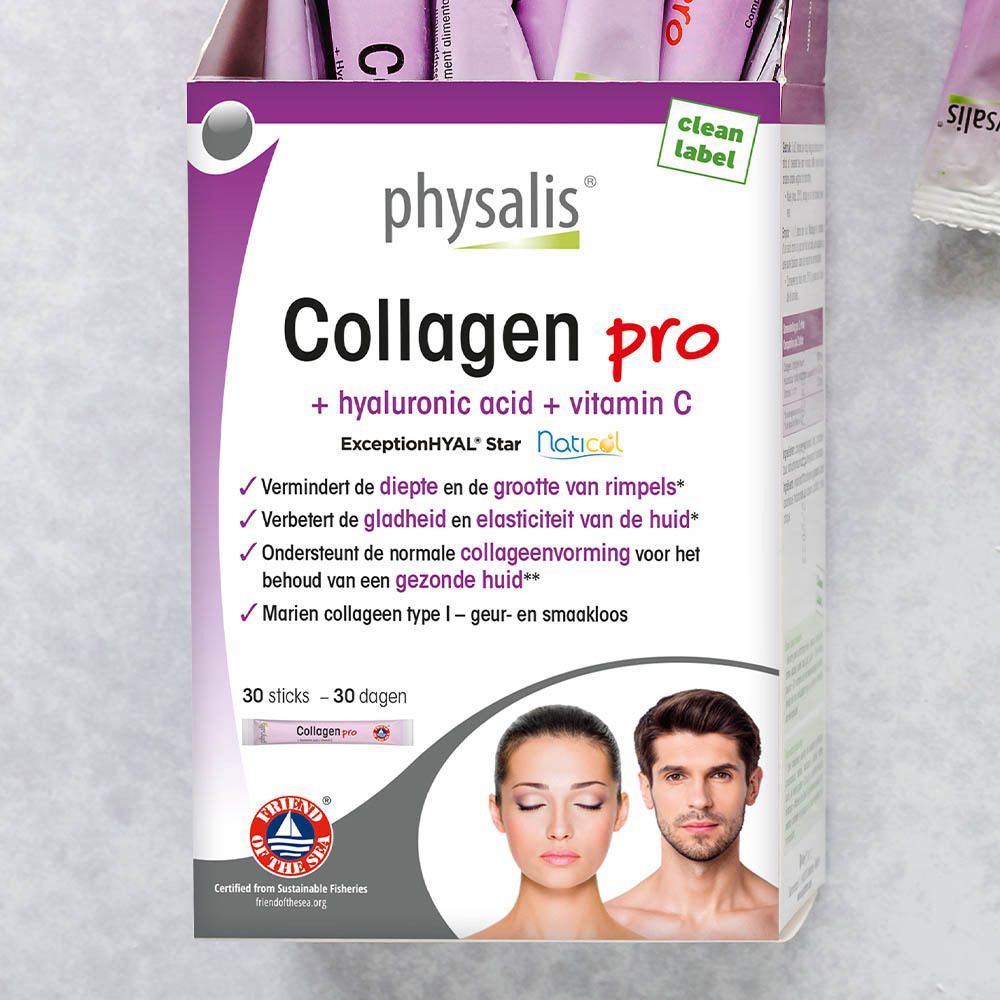 Emballage Physalis Collagen Pro. Contient de l'acide hyaluronique et de la vitamine C. 30 sticks. Texte en français.