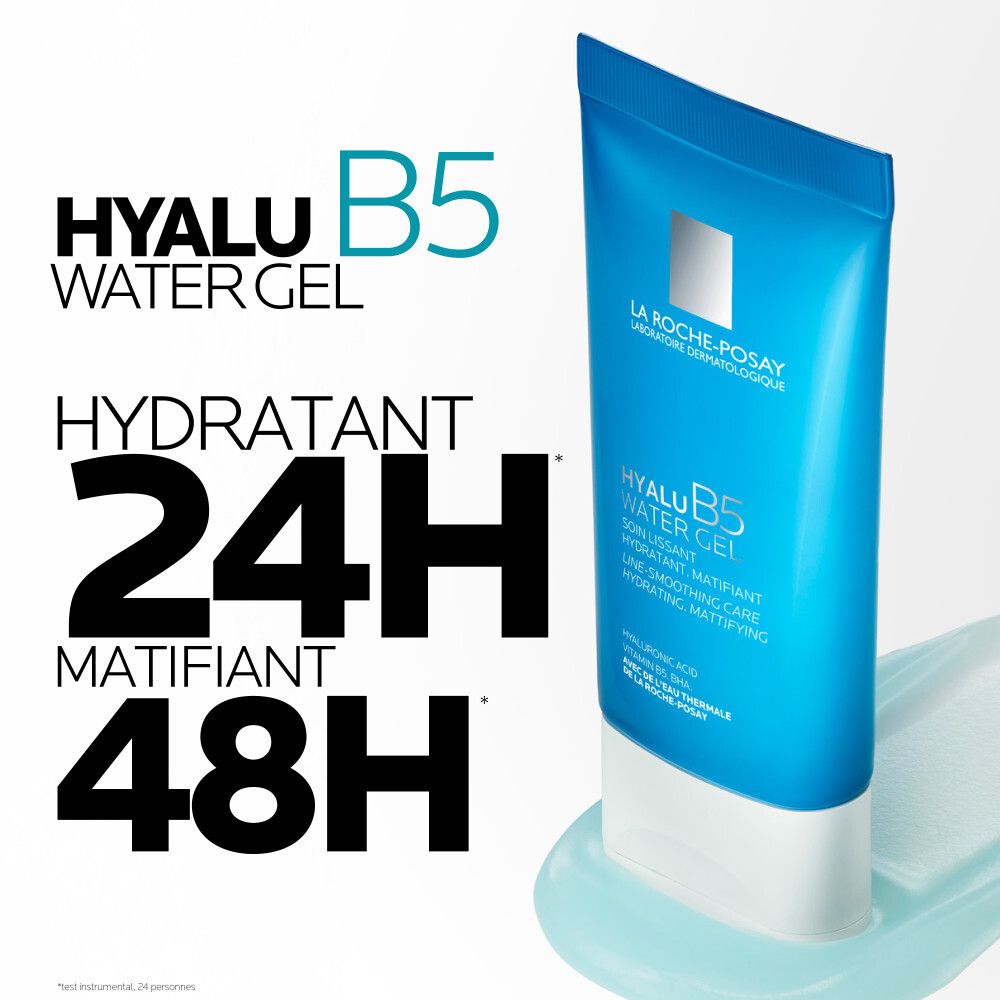 Tube bleu. Texte: Hyalu B5 Water Gel, Hydratant 24H, Matifiant 48H.