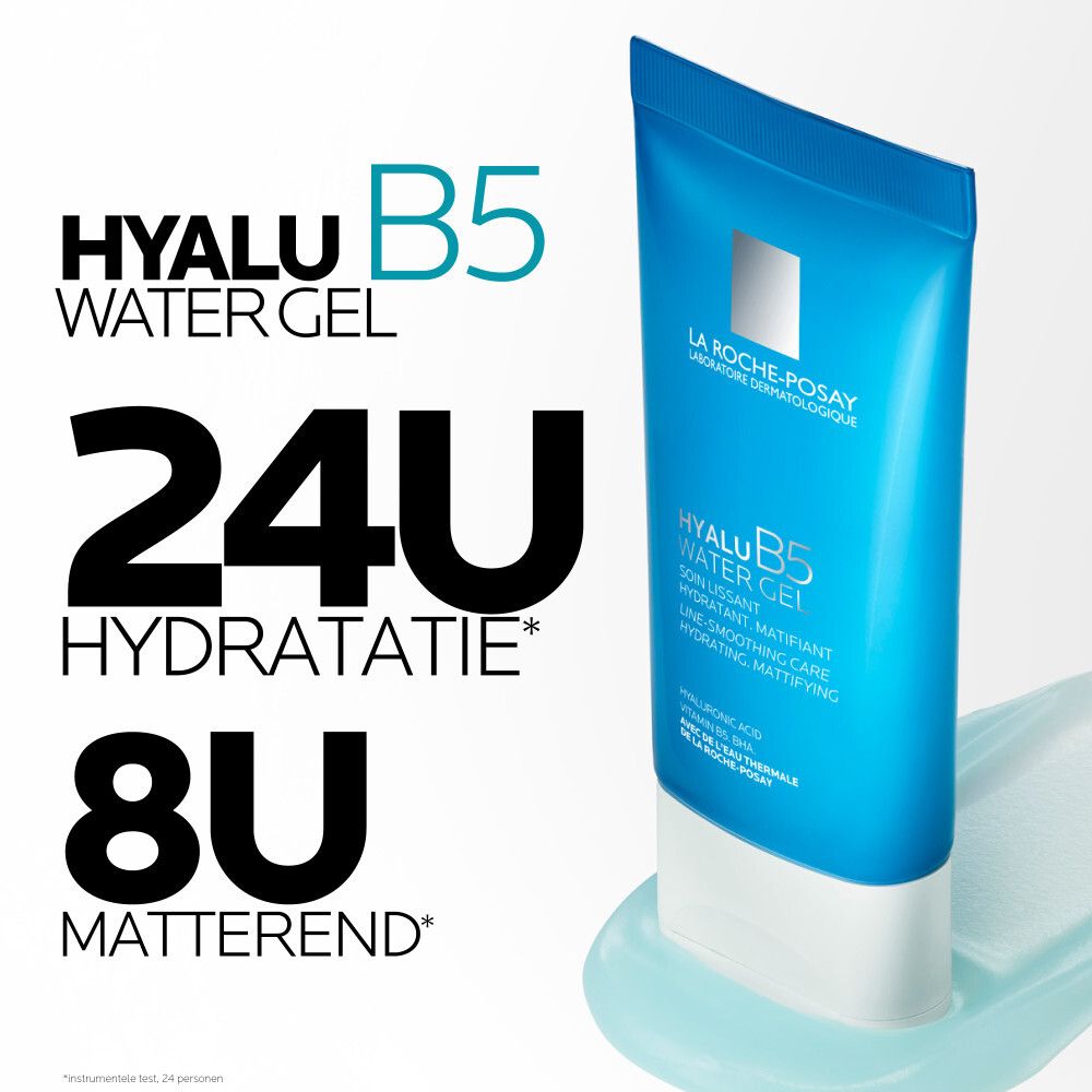 Blauwe tube. Tekst: Hyalu B5 Water Gel, 24U Hydratatie, 8U Matterend.