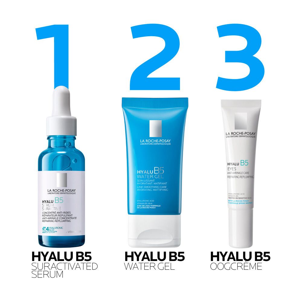 Drie producten. Hyalu B5 Serum, Water Gel en oogcrème.