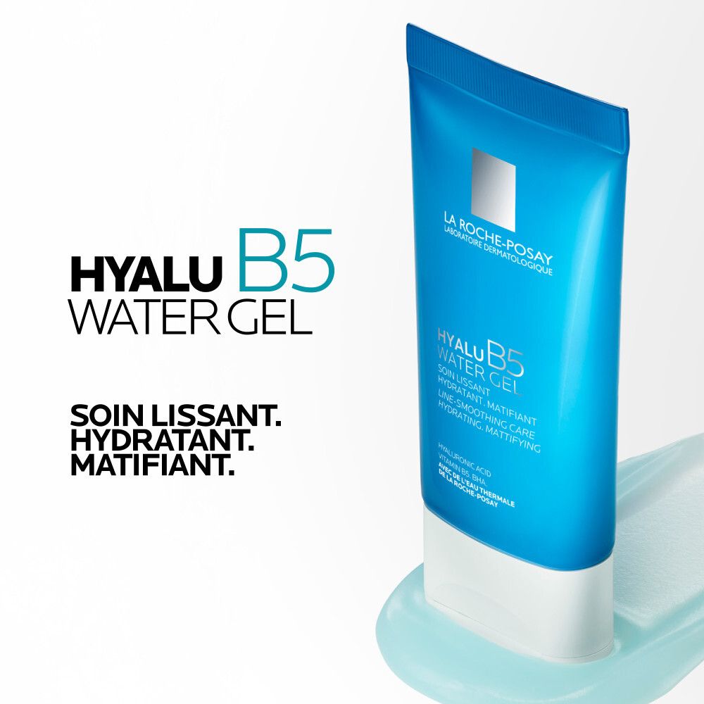 Tube bleu. Texte: Hyalu B5 Water Gel, Soin Lissant, Hydratant, Matifiant.