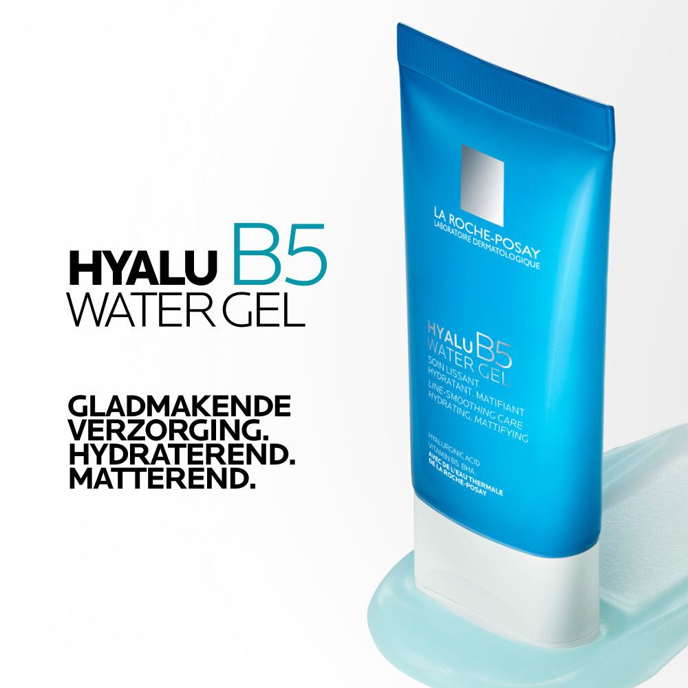 Blauwe tube. Tekst: Hyalu B5 Water Gel, Gladmakende verzorging, Hydraterend, Matterend.