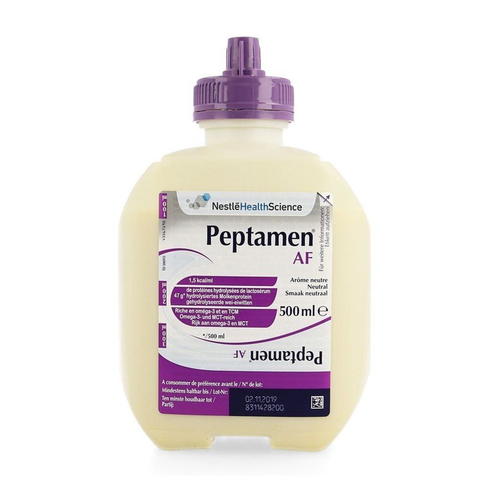 Beige fles met paarse dop. Opschrift: Peptamen AF, 500 ml. Bevat voedingswaarde- en ingrediënteninformatie.