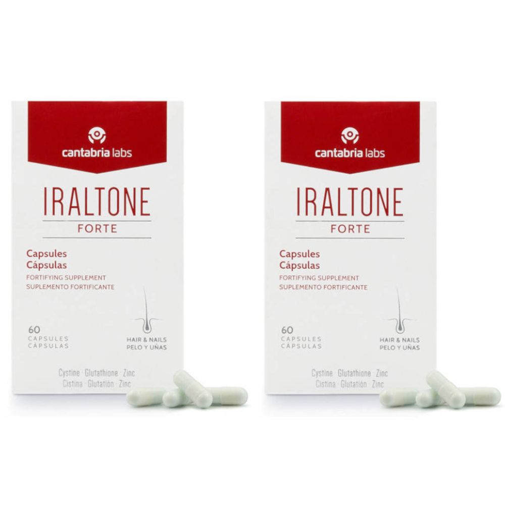 Twee dozen IRALTONE forte met capsules. Opschrift: 60 capsules. Product voor haar en nagels. Witte capsules ernaast.