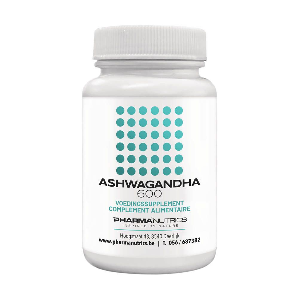 Witte fles met capsules. Opschrift: Ashwagandha 600, 60 V-capsules. Merk: PharmaNutrics.