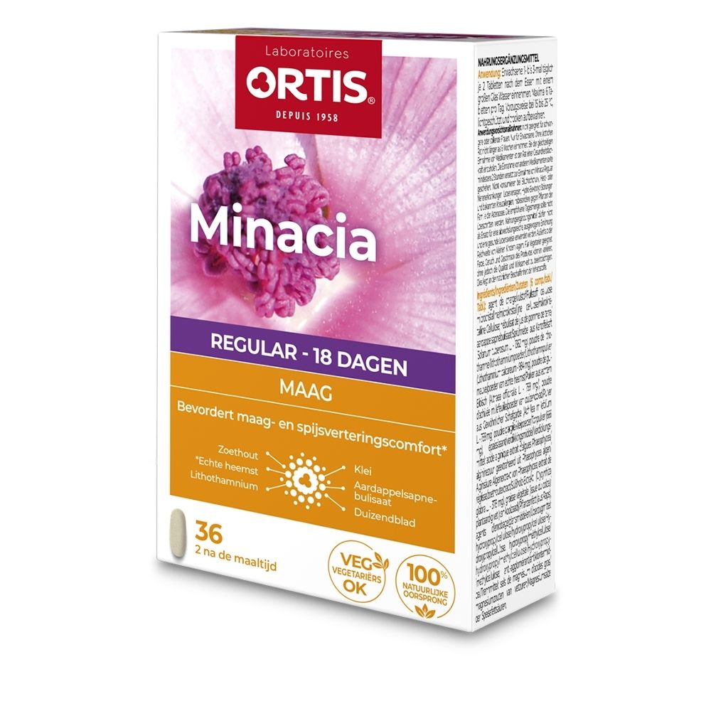 Ortis Minacia Regular Estomac verpakking met 36 capsules voor 18 dagen.