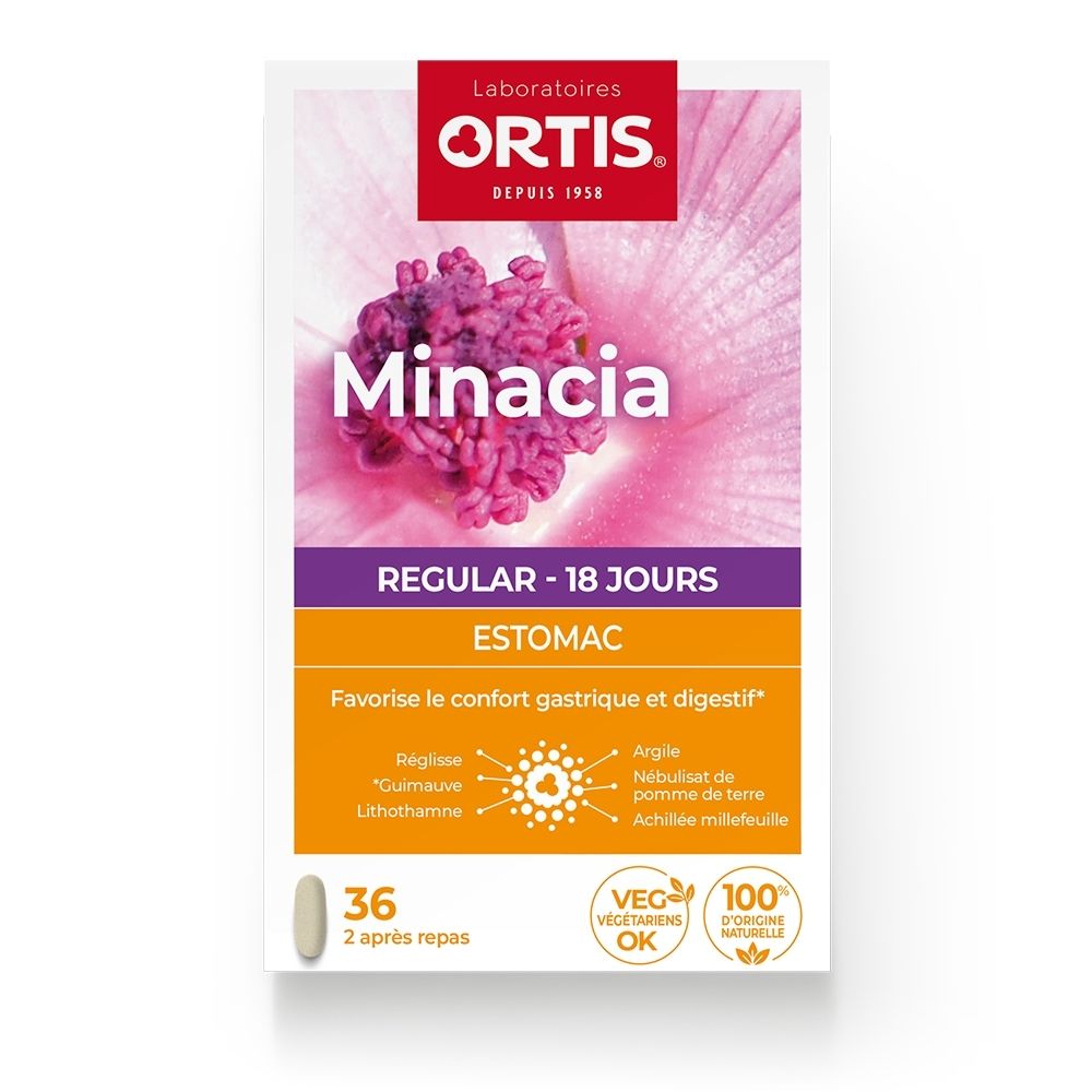 Boîte Ortis Minacia Regular Estomac de 36 gélules pour 18 jours.