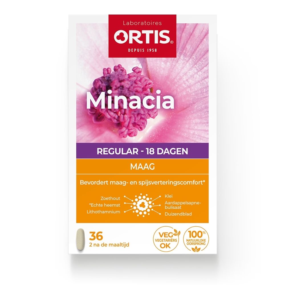Ortis Minacia Regular Estomac verpakking met 36 capsules voor 18 dagen.