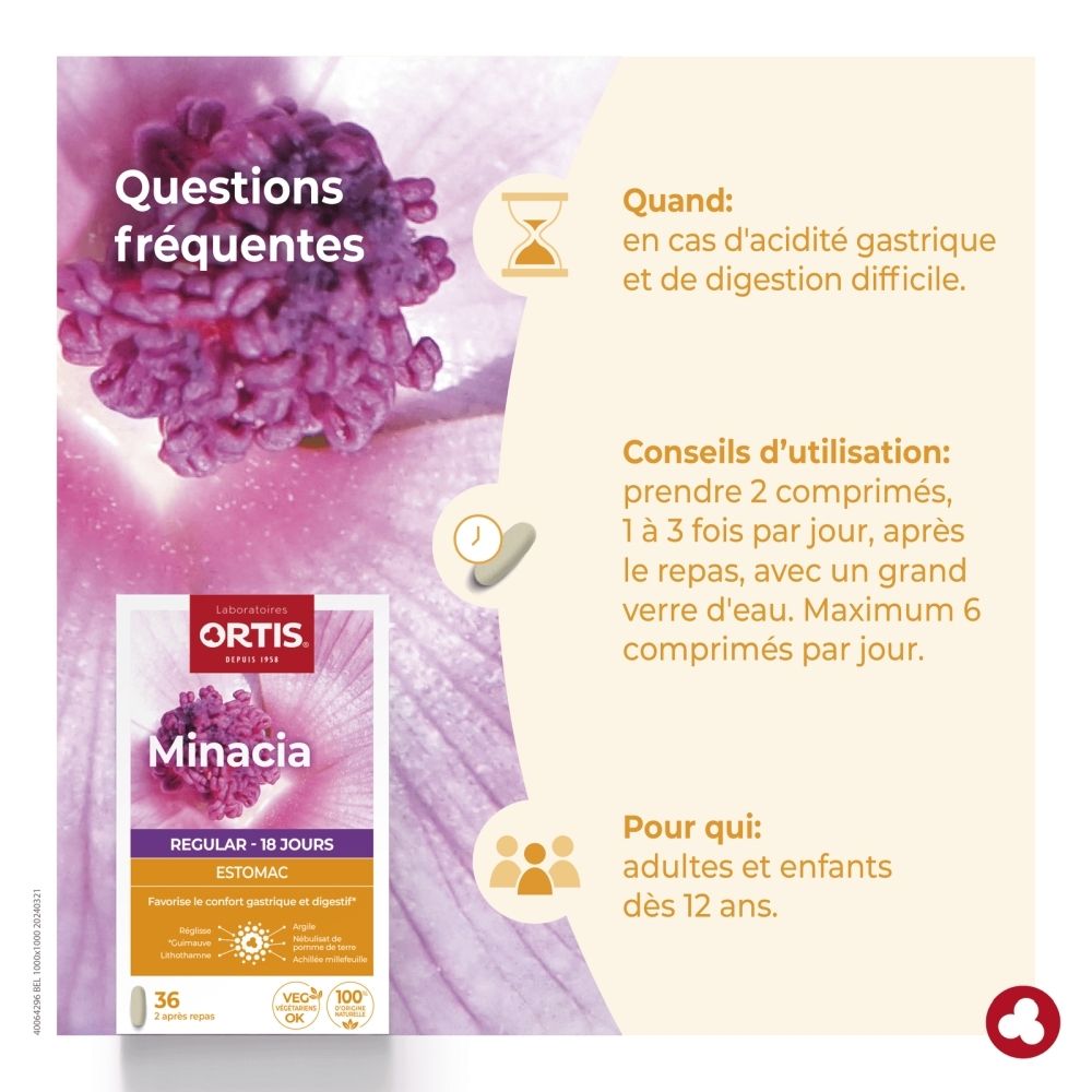 Boîte Ortis Minacia Regular Estomac de 36 gélules pour 18 jours.