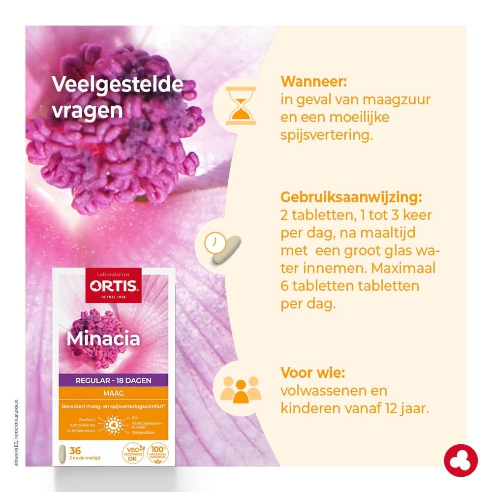 Ortis Minacia Regular Estomac verpakking met 36 capsules voor 18 dagen.