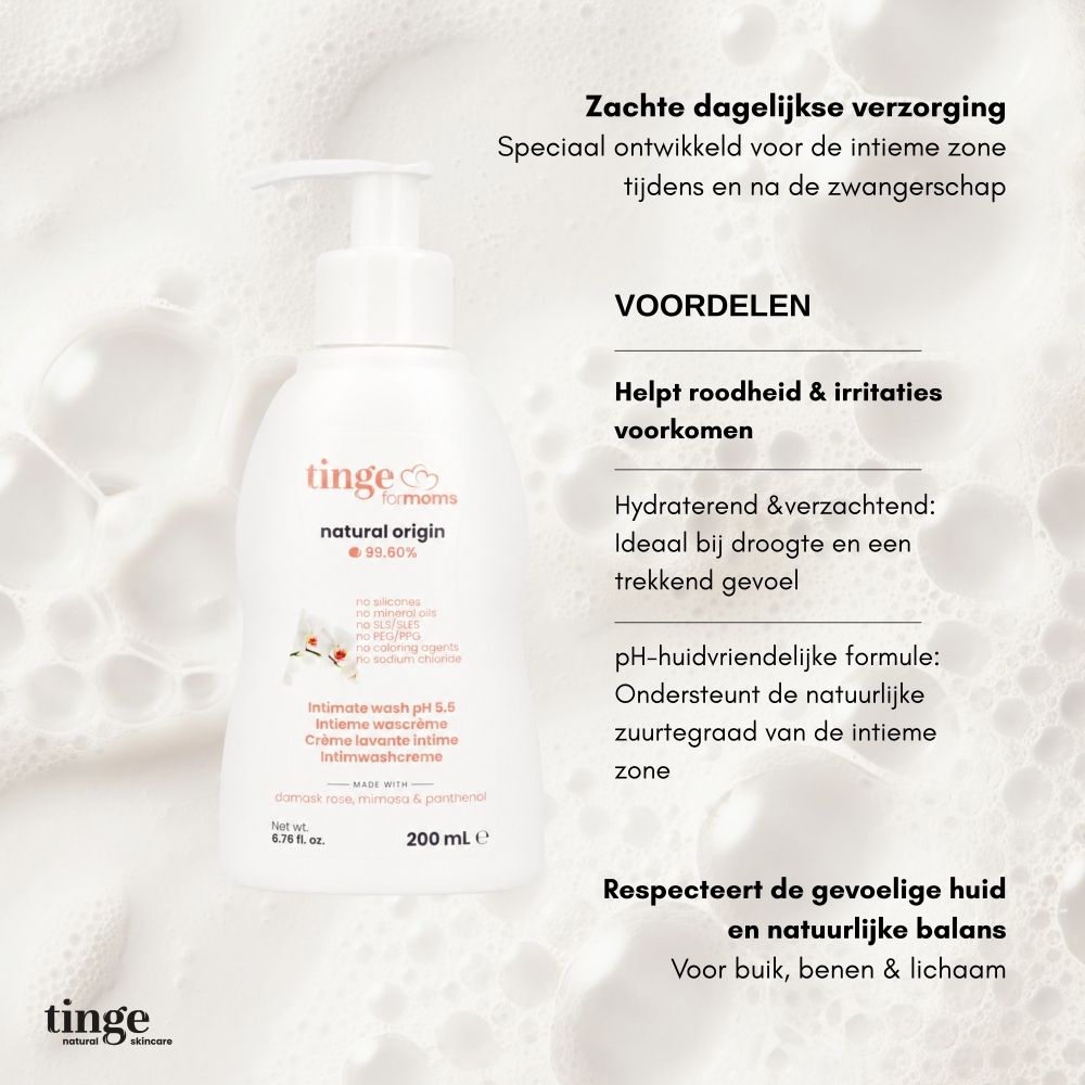 Tinge for Moms Intieme wascrème, achterkant met ingrediënten en keurmerken.