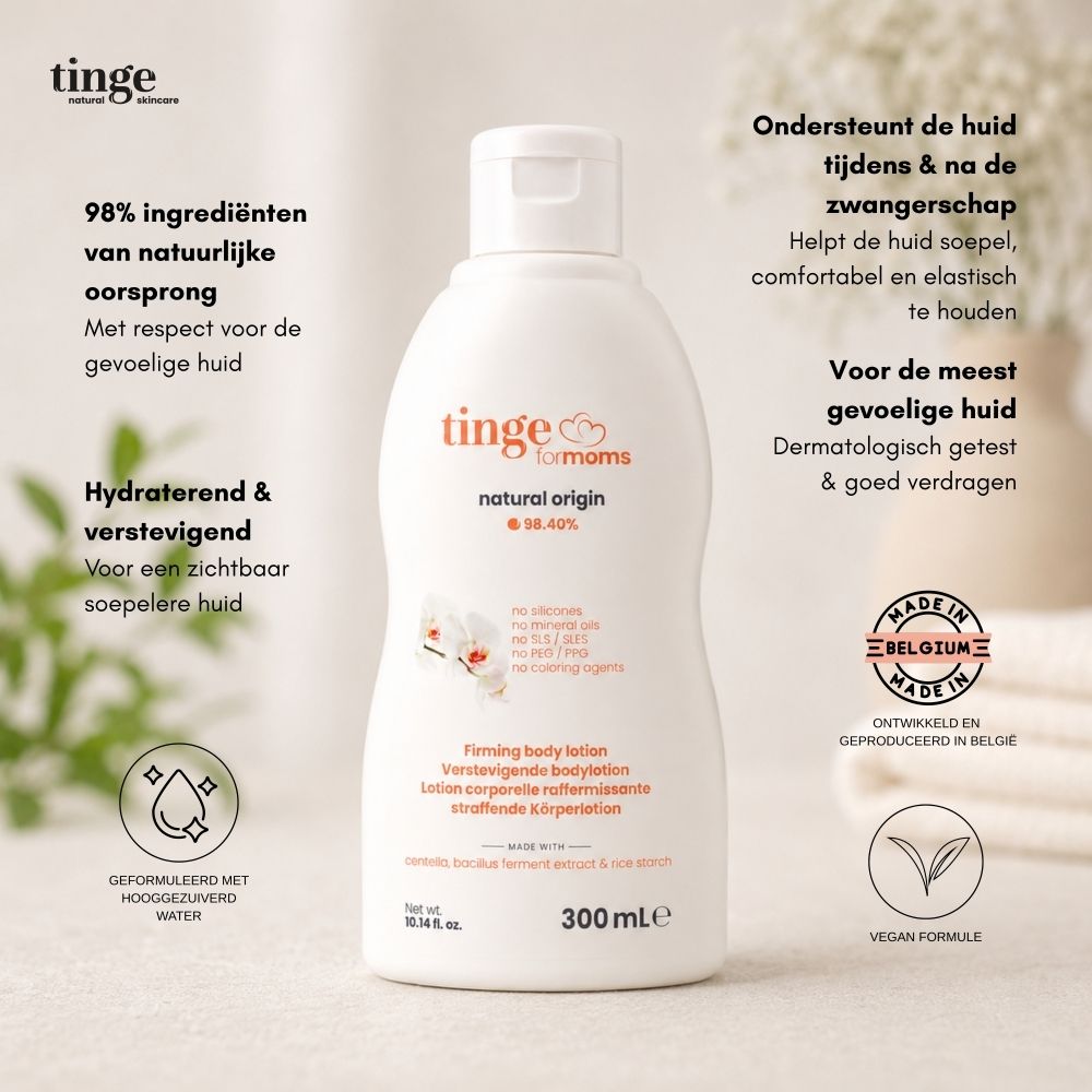 Achterkant van een tingefor moms bodylotion fles met Nederlandse ingrediënten.