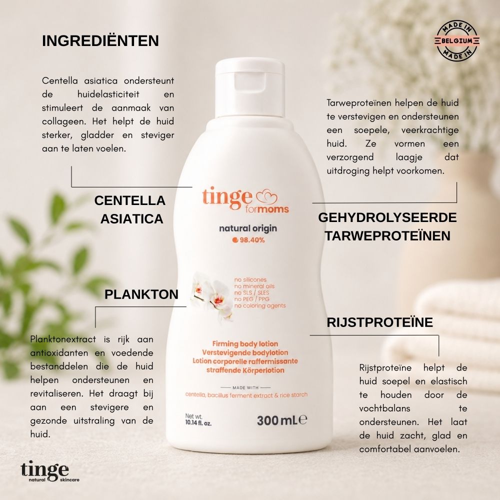 Fles tingefor moms bodylotion met Nederlandse teksten en iconen.