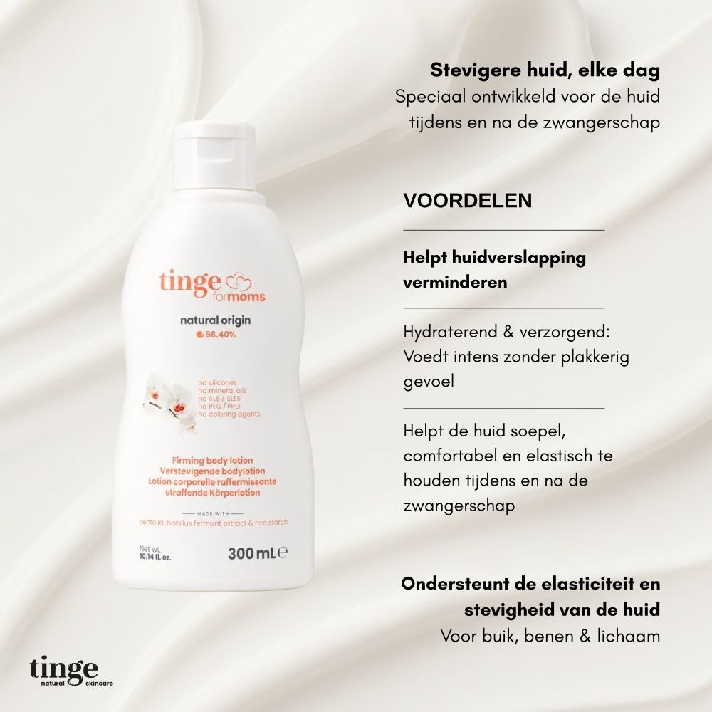 Fles tingefor moms bodylotion met Nederlandse teksten en iconen.