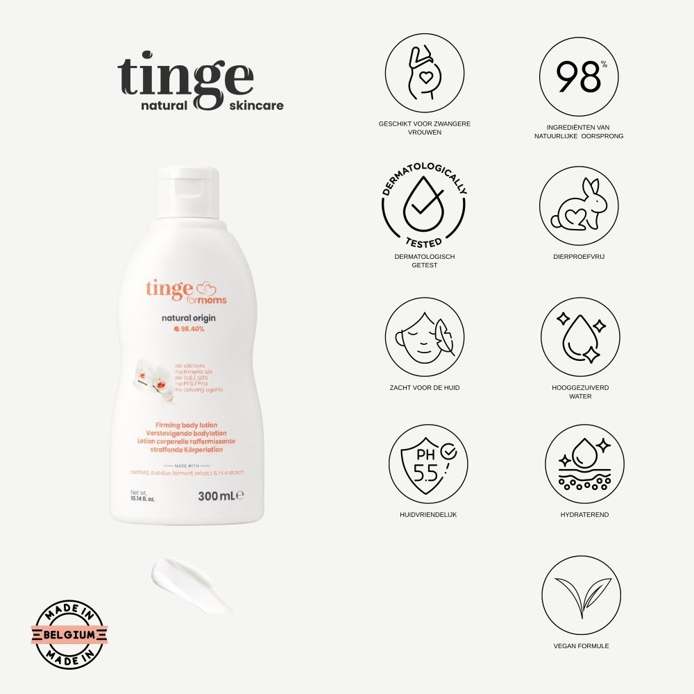 Fles tingefor moms bodylotion met Nederlandse teksten en iconen.