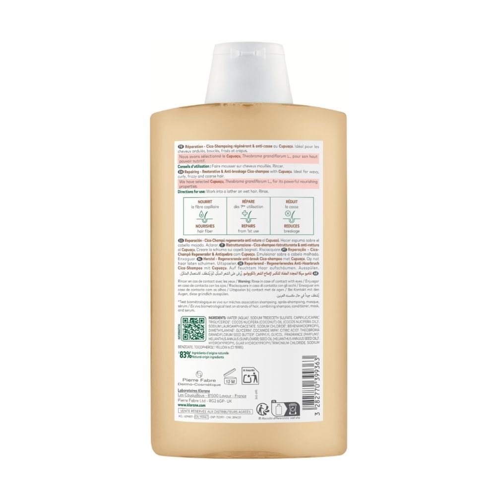Shampooing Klorane Cupuacu: flacon 400ml, formule réparatrice.