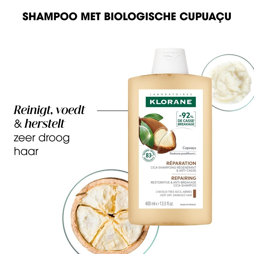 Klorane shampoofles met Cupuaçu, 400ml. Etiket: "Reparatie".