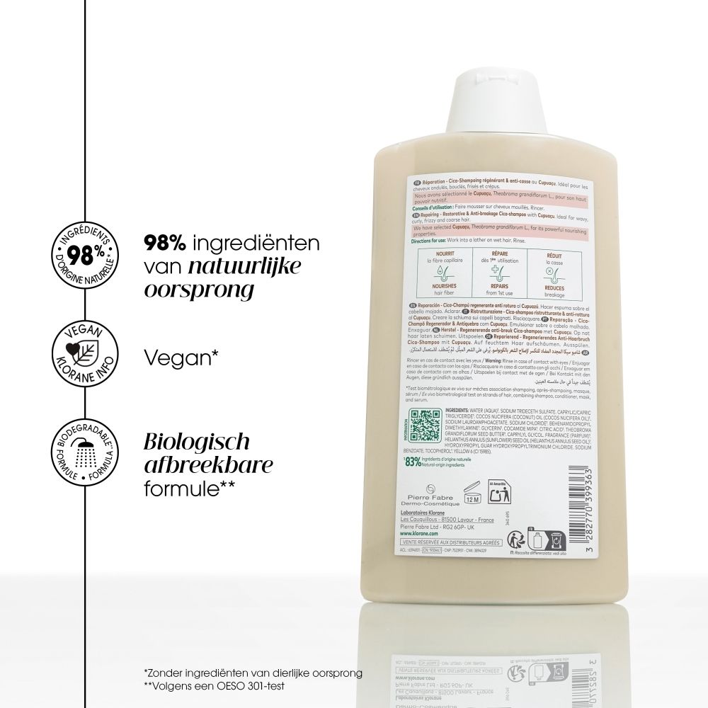Fles met 98% ingrediënten van natuurlijke oorsprong, vegan en biologisch afbreekbare formule.