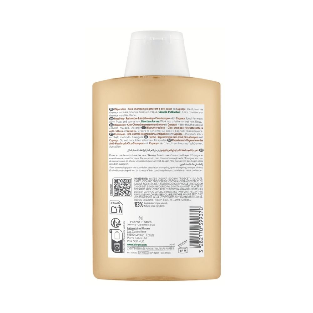 Arrière du flacon de shampooing Klorane avec informations produit.