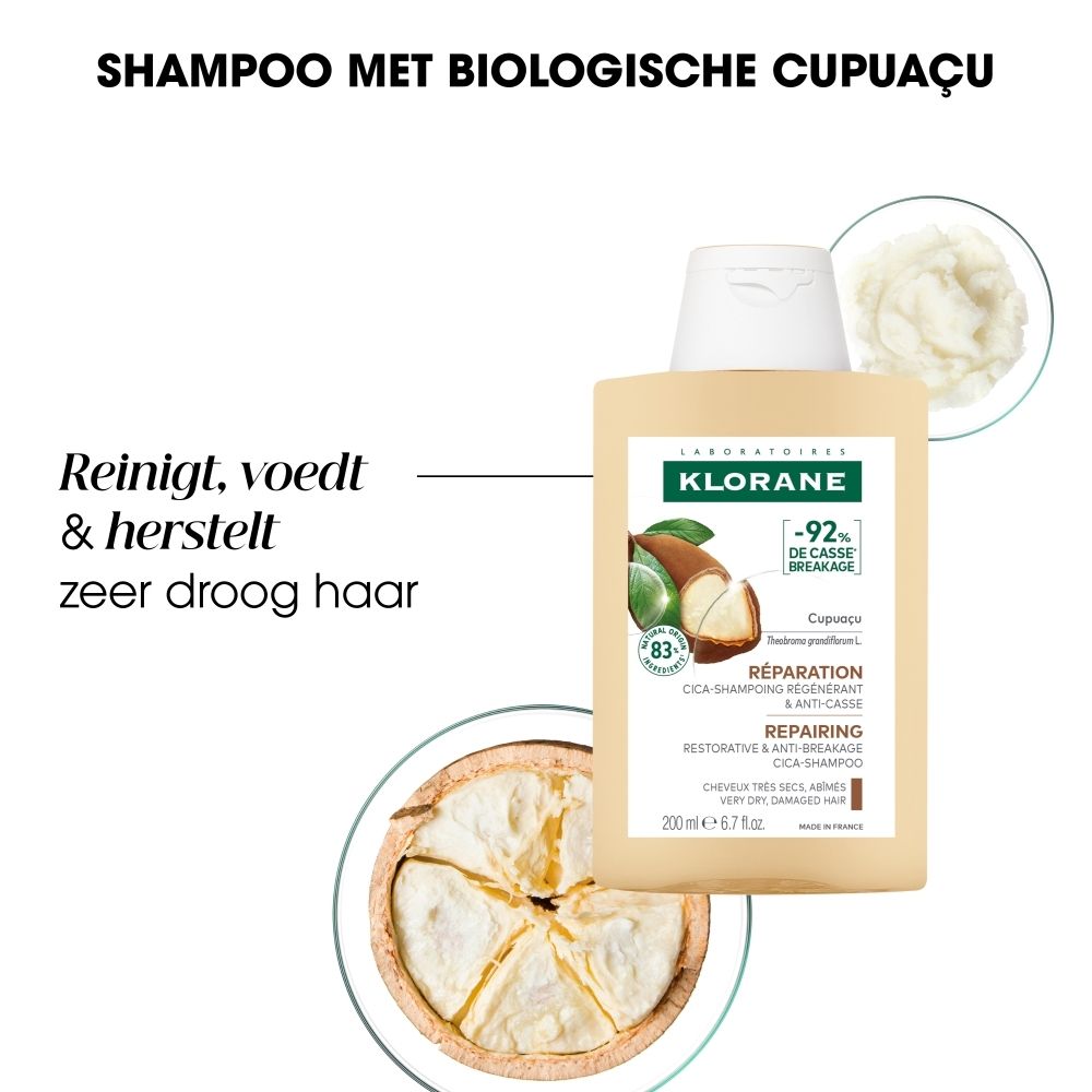 Klorane shampoofles met Cupuacu-motief en 83% natuurlijke ingrediënten.