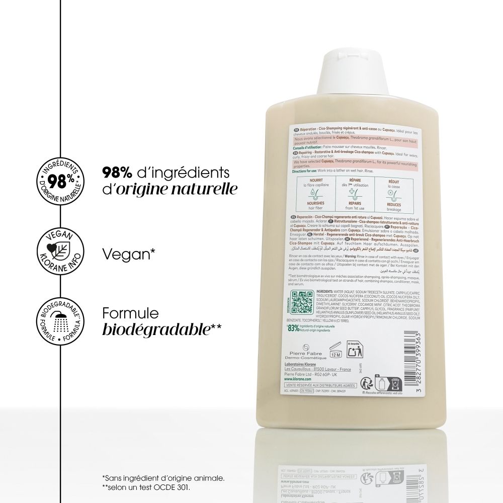 Flacon de shampooing Klorane avec motif Cupuacu et 83% d'ingrédients d'origine naturelle.