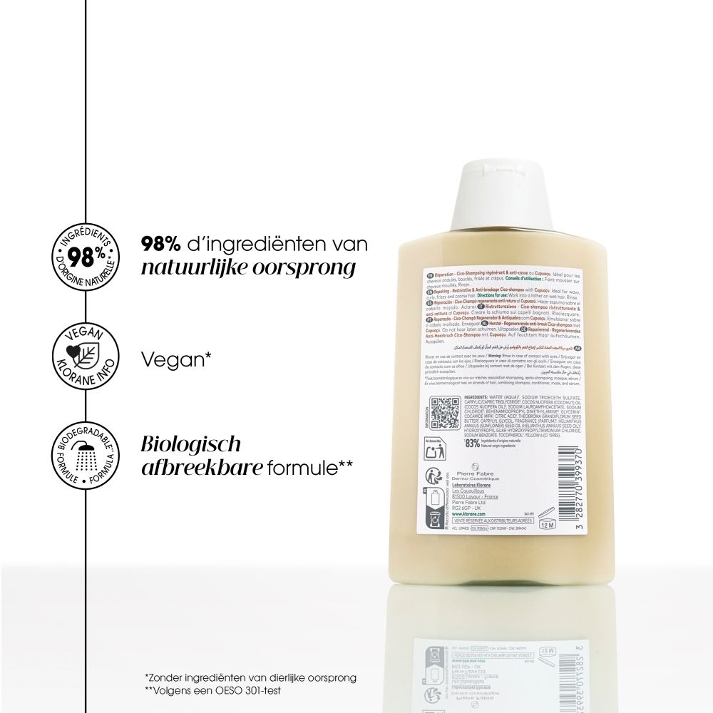 Klorane shampoofles met Cupuacu-motief en 83% natuurlijke ingrediënten.