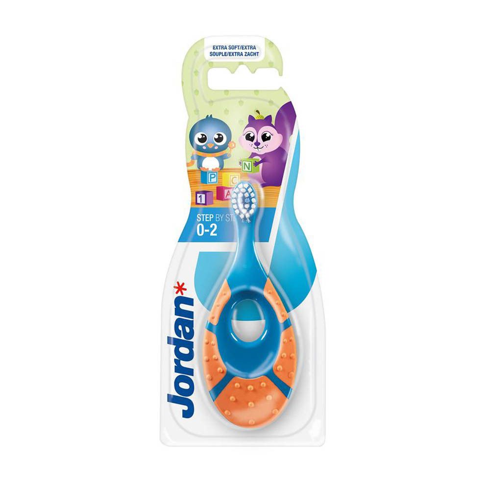 Brosse à dents turquoise et rose pour bébé, emballée. Manche percé, poils blancs. Marque Jordan. Pour 0-2 ans.