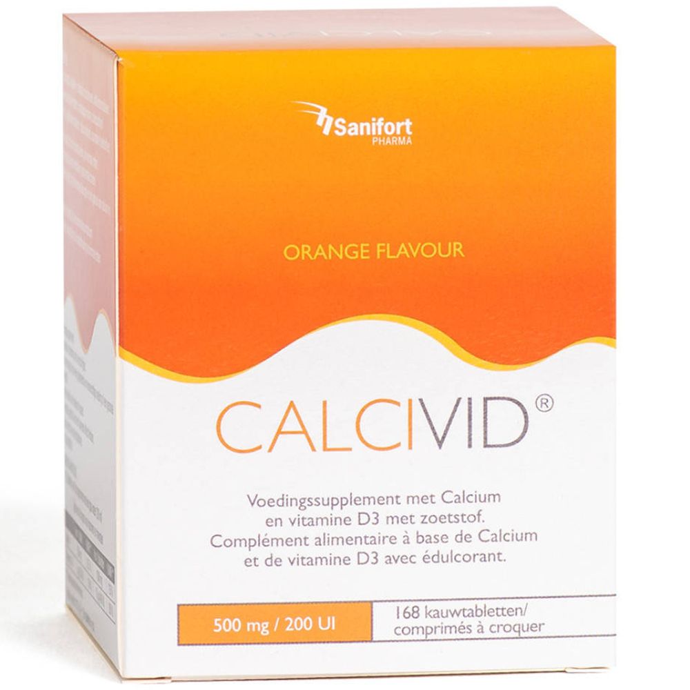 Boîte "Calcivid" goût orange. Contient 168 comprimés à croquer. Logo Sanifort Pharma. 500 mg/200 UI.