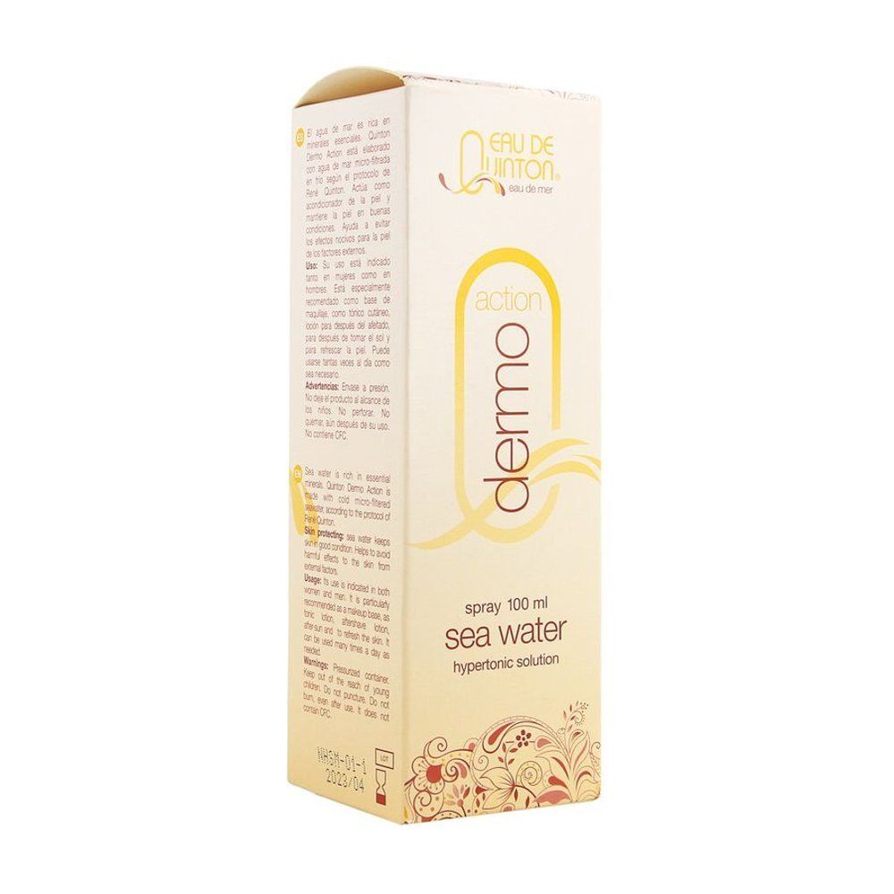 Emballage du produit. Inscription: Eau de Quinton, action dermo. 100 ml. Eau de mer. Solution hypertonique. Texte sur le côté.