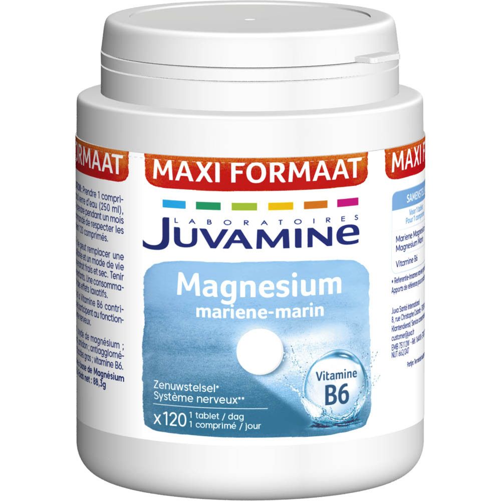 Witte Juvamine-pot met blauwe tekst. Bevat magnesium en vitamine B6. Opschrift: Maxi Formaat, 120 tabletten.