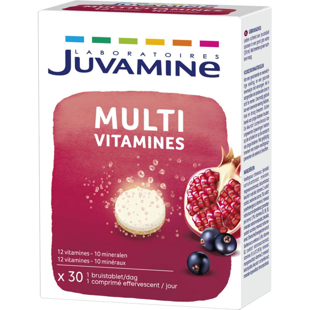 Emballage produit. Inscription: JUVAMINE Multivitamines. Illustration: grenade, cassis et comprimé effervescent. 30 comprimés.