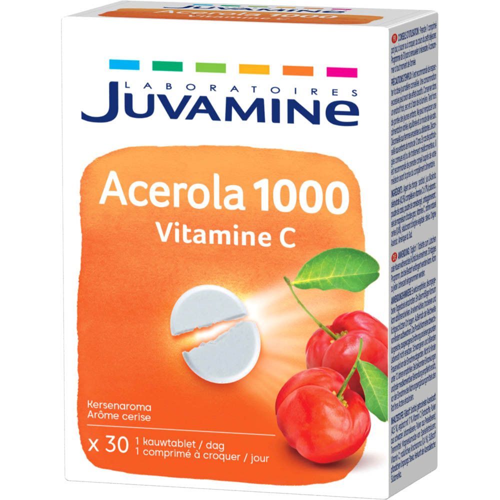 Witte doos met productnaam en kersen. Bevat Acerola 1000 Vitamine C. 30 tabletten. Kersen smaak.