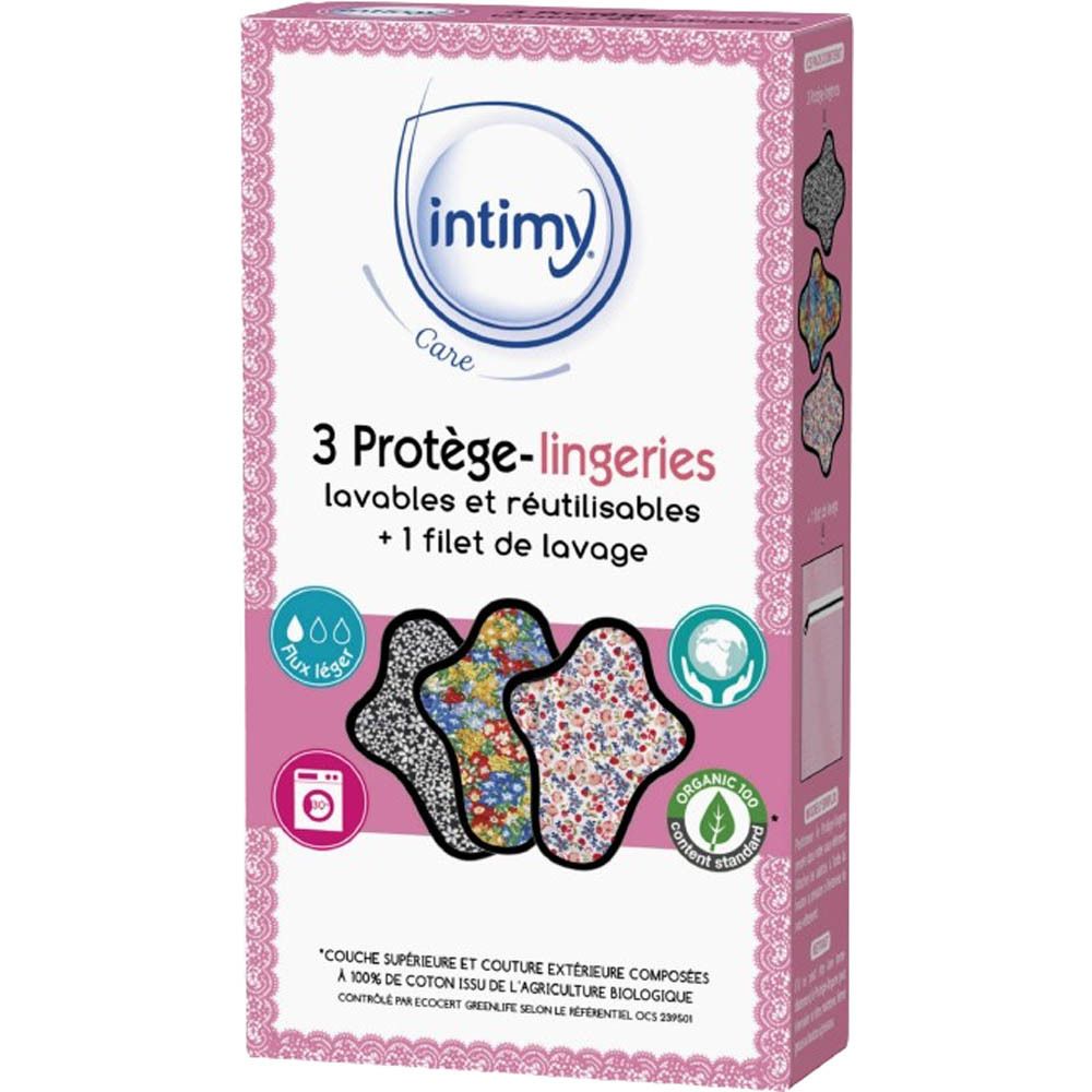 Boîte de 3 protège-lingeries Intimy Care lavables et réutilisables.