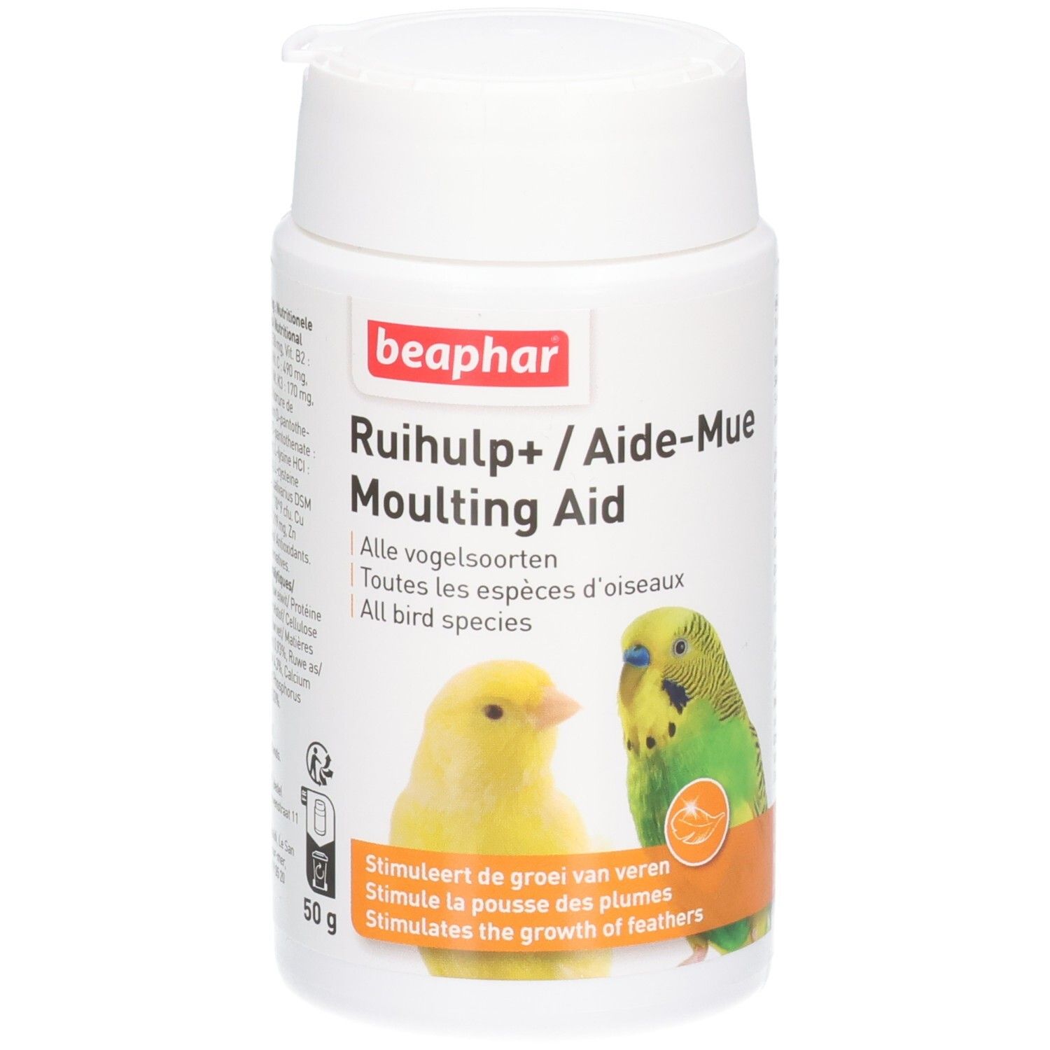 Boîte blanche Beaphar Ruihulp+ pour oiseaux, 50g. Illustration de deux oiseaux. Texte en néerlandais, français et anglais.