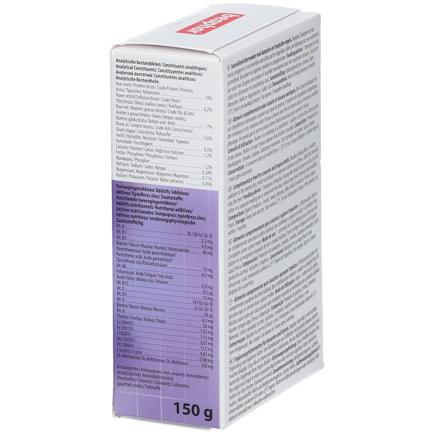 Beaphar Sing-Mix verpakking. Detail van ingrediënten en voedingswaarde. Toont een gewicht van 150 g.